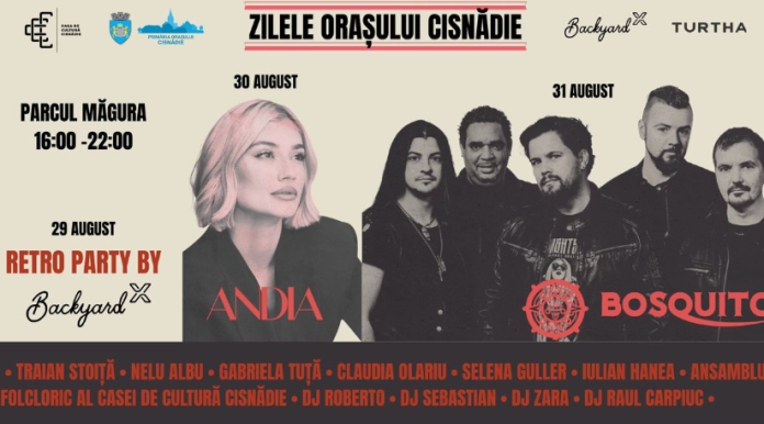 Zilele orașului Cisnădie, Cisnădie 2025, Zilele Cisnădiei, Parcul Măgura, ANDIA concert, Bosquito concert, Retro Party Backyard, eveniment gratuit Cisnădie, concerte live Cisnădie, artiști locali Cisnădie, Traian Stoiță, Nelu Albu, Gabriela Tuță, Claudia Olariu, Selena Guller, Iulian Hanea, folclor Cisnădie, Ansamblul Folcloric Cisnădie, DJ Roberto, DJ Sebastian, DJ Zara, DJ Raul Carpiuc, festival Cisnădie, viață culturală Cisnădie, sărbătoare oraș Cisnădie, program Zilele Orașului, spectacole final de august, comunitate Cisnădie, turism cultural Sibiu, evenimente Sibiu, Primăria Cisnădie, Casa de Cultură Cisnădie, program artistic Cisnădie, participare comunitară, promovare turistică Cisnădie, festival comunitar, localități Sibiu, festival local, muzică pop rock, muzică retro, muzică folclorică, cultura tradițională Cisnădie, artiști români, concerte în parc, activități pentru familii, recreere Cisnădie, eveniment de weekend, distracție în aer liber, scenă mobilă, spectacol cultural, artist pop, trupă live, DJ seturi, promoție culturală locală, locație Parcul Măgura, festival Sibiu, cultura sibiană, experiențe comunitare, inițiative culturale Cisnădie, festival urban, vibe retro, scenă de vară, zgomot de sărbătoare, public larg Cisnădie, invitați speciali, platformă culturală Cisnădie, mediu comunitar, civilizație locală, știri Cisnădie evenimente, atenție media Cisnădie, festival de final de vară, tradiție și muzică, culoare culturală, dinamism local, petrecere în parc, atmosferă festivă, festival de familie, distracție pentru tineri, eveniment live Sibiu, cultură și artă Cisnădie, populație locală în sărbătoare, sărbătoare anuală, cartelă artistică, coeziune comunitară, identificare locală, energie artistică, entertain Cisnădie, locali în spectacol, etapă culturală, unicitate locală.